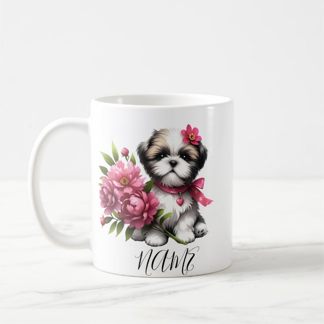Shih Tzu Coffee Mugg - Cute Puppy with Flowers Gif (Vänster)