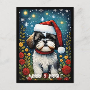 Shih Tzu Colorful Flower Santa Hund jul Vykort