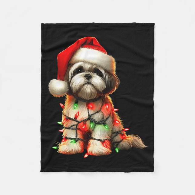 Shih Tzu Dog Christmas Lights Santa Hat Dog Lover  Fleecefilt (Framsidan)
