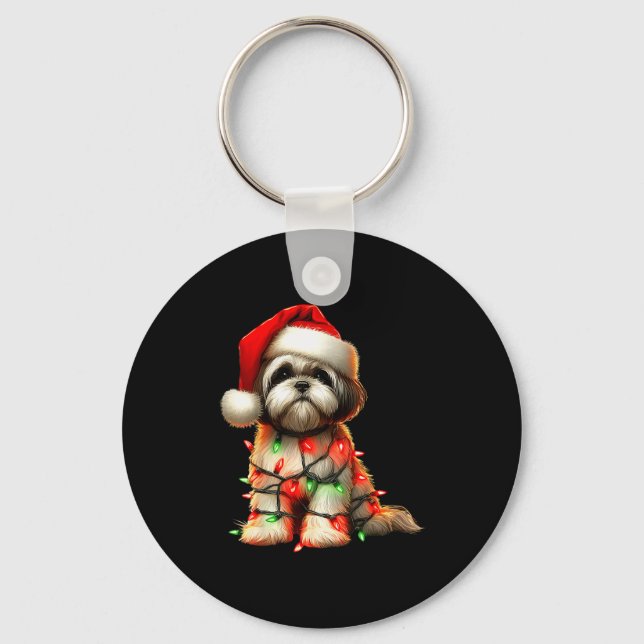 Shih Tzu Dog Christmas Lights Santa Hat Dog Lover  Nyckelring (Framsida)