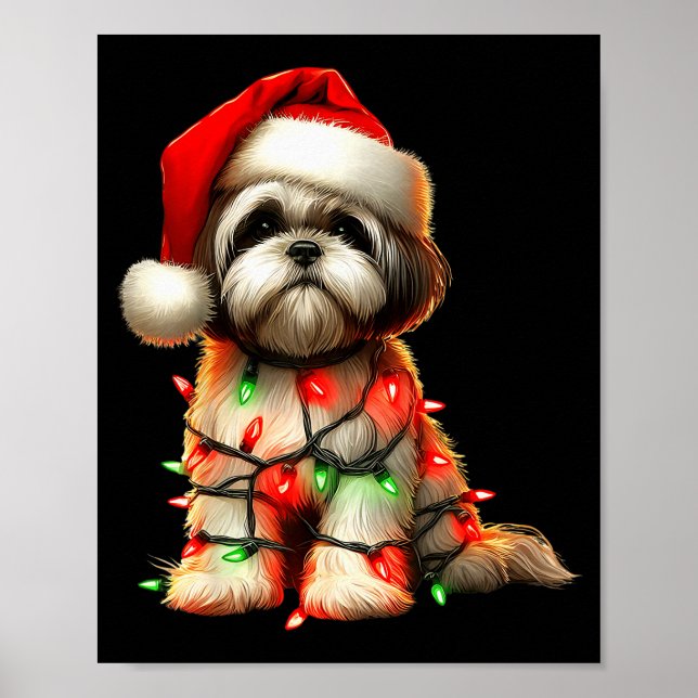 Shih Tzu Dog Christmas Lights Santa Hat Dog Lover  Poster (Framsidan)