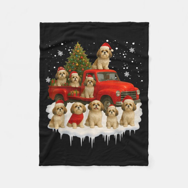 Shih Tzu Dog Red Truck Christmas Tree Santa Ugly X Fleecefilt (Framsidan)
