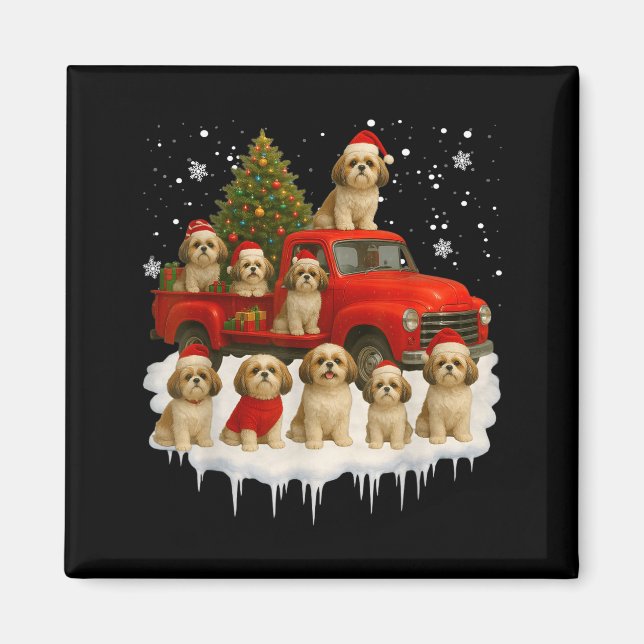Shih Tzu Dog Red Truck Christmas Tree Santa Ugly X Magnet (Framsidan)