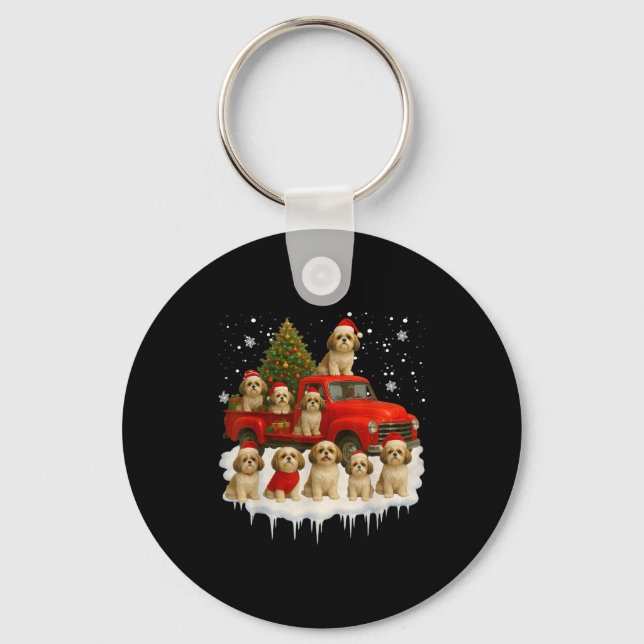 Shih Tzu Dog Red Truck Christmas Tree Santa Ugly X Nyckelring (Framsida)
