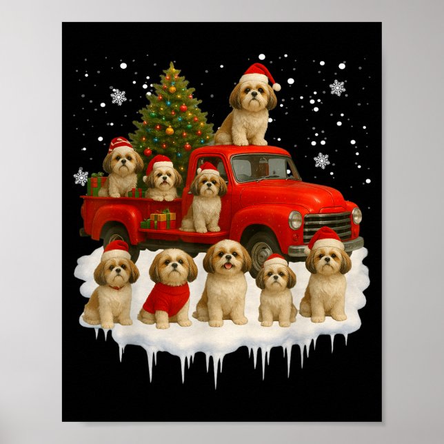 Shih Tzu Dog Red Truck Christmas Tree Santa Ugly X Poster (Framsidan)