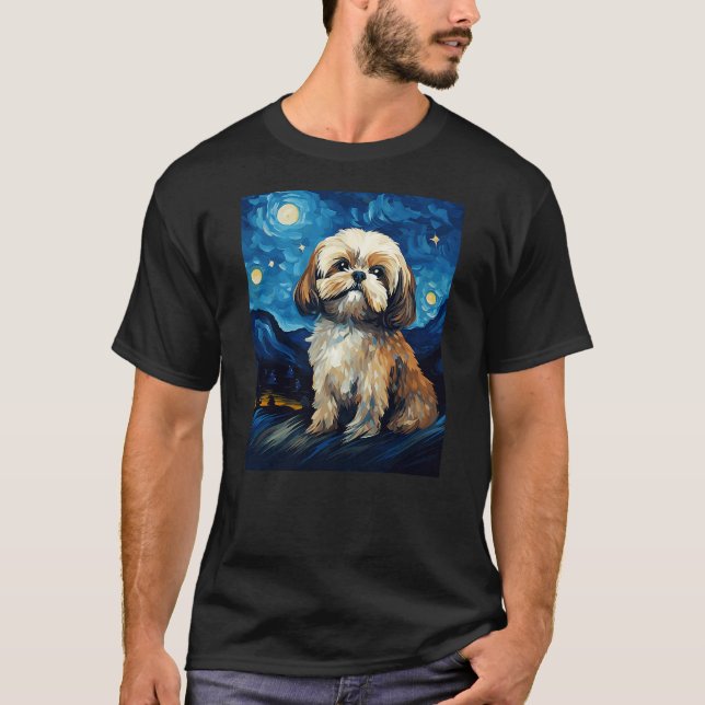 Shih Tzu Dog Starry Night Van Gogh Art Lover T Shirt (Framsida)