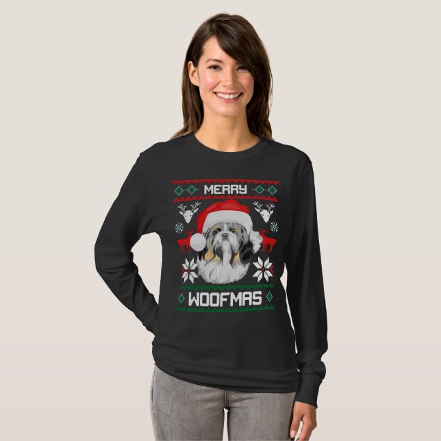 Shih Tzu glad Woofmas jul T Shirt (Hel framsida)