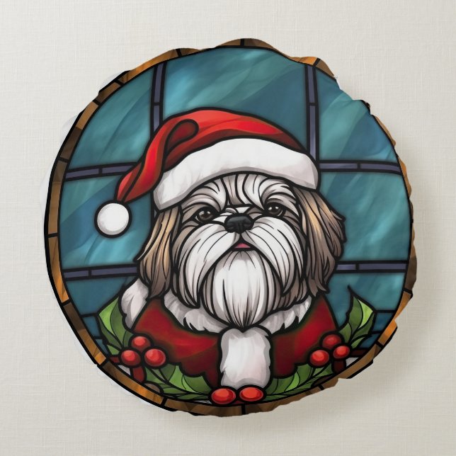 Shih Tzu Glasmosaik Jul Rund Kudde (Baksidan)