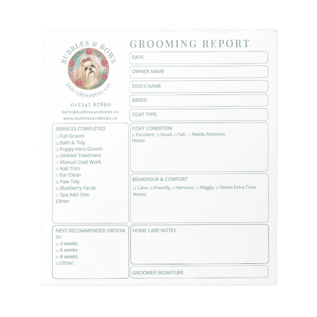 Shih Tzu Grooming Salon Rapportkort Notepad Anteckningsblock (Framsida)
