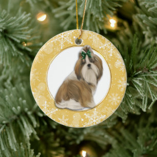 Shih Tzu Guld Snowflake Gräns Julgransprydnad Keramik