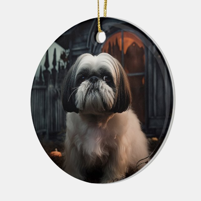Shih Tzu Halloween Scary Julgransprydnad Keramik (Vänster)