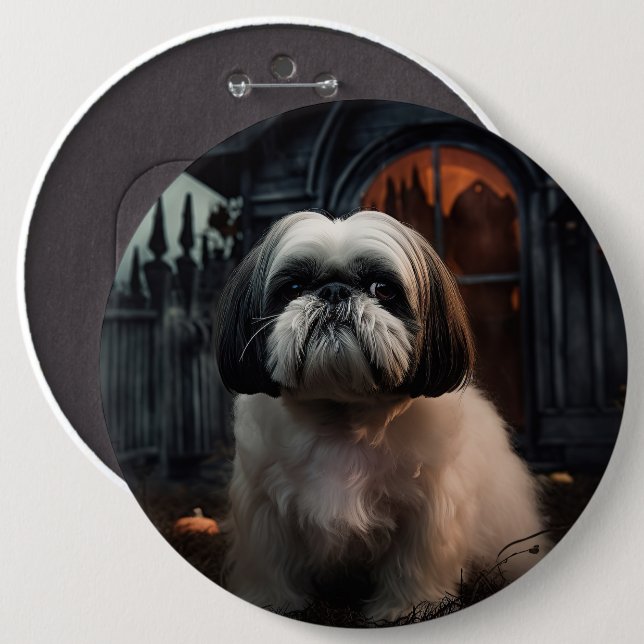 Shih Tzu Halloween Scary Knapp (Framsida & baksida)