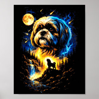Shih tzu howling to the moon vintage 90s funny dog poster