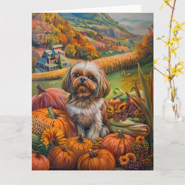 Shih Tzu Hund Autumn Harvest Thanksgiving Kort (Gul blomma)