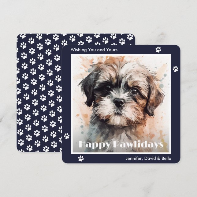 Shih Tzu Hund Blå Vattenfärg Jul Julkort (Fram/baksida)
