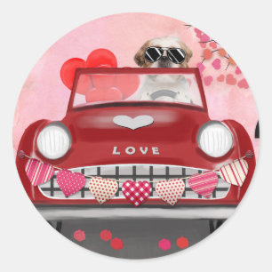 Shih Tzu Hund Car med Hearts Valentine Runt Klistermärke