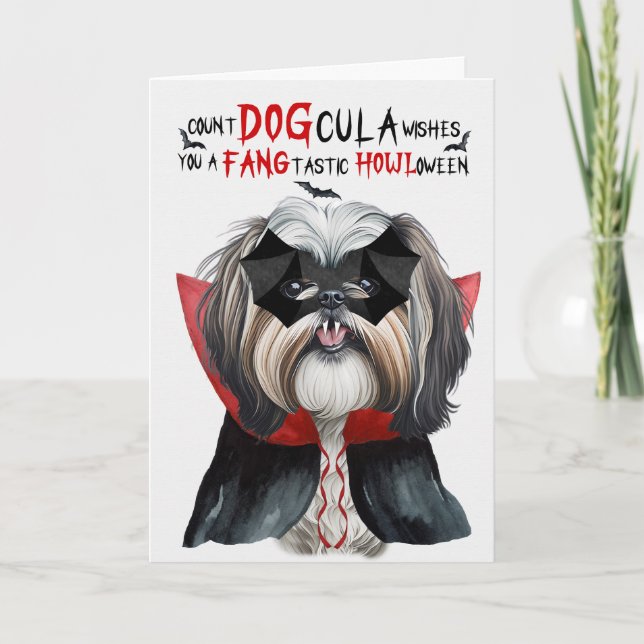 Shih Tzu Hund Funny Count DOGcula Halloween Helgkort (Framsida)
