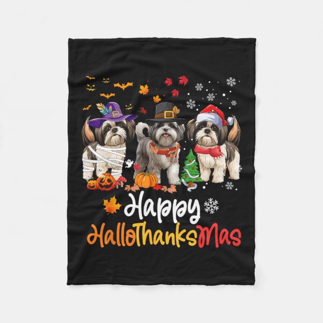Shih Tzu Hund Halloween jul Lycklig HalloTack Fleecefilt (Framsidan)