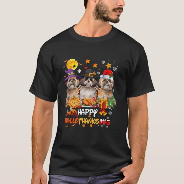 Shih Tzu hund Happy halloween Thanksgiving Merry C T Shirt (Framsida)