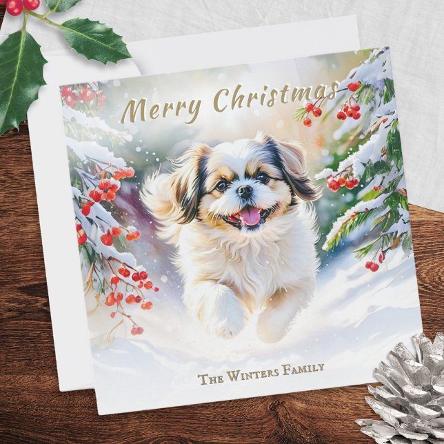 Shih Tzu Hund i Vintersnö God Jul Julkort (A Christmas card with illustration of a Shih Tzu dog walking in snow, in a watercolor style)