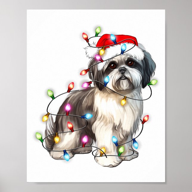 Shih Tzu Hund Julbelysning Xmas Söt  Poster (Framsidan)