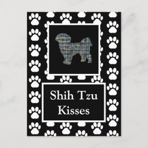 Shih Tzu Hund Kisses Silhouette Gult & Blue Grid Vykort