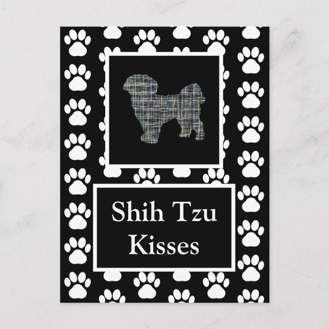 Shih Tzu Hund Kisses Silhouette Gult & Blue Grid Vykort (Framsida)