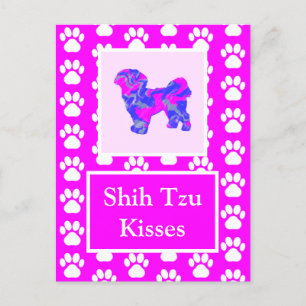 Shih Tzu Hund Kisses Silhouette i Cute Rosa & Blue Vykort