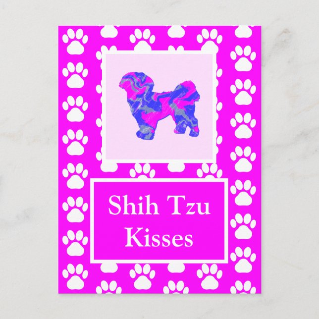 Shih Tzu Hund Kisses Silhouette i Cute Rosa & Blue Vykort (Framsida)