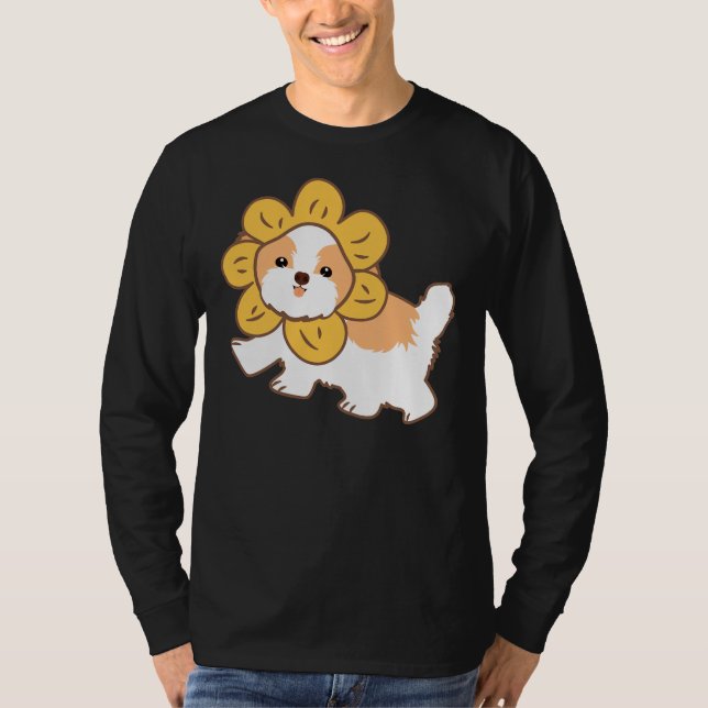 Shih Tzu-Hund med blommig, blå, blå T Shirt (Framsida)