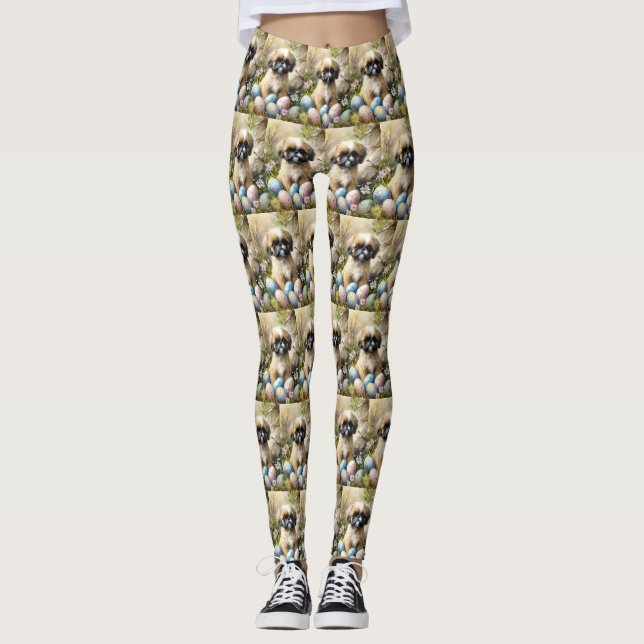 Shih Tzu Hund med Påskägg Semester Leggings (Framsida)