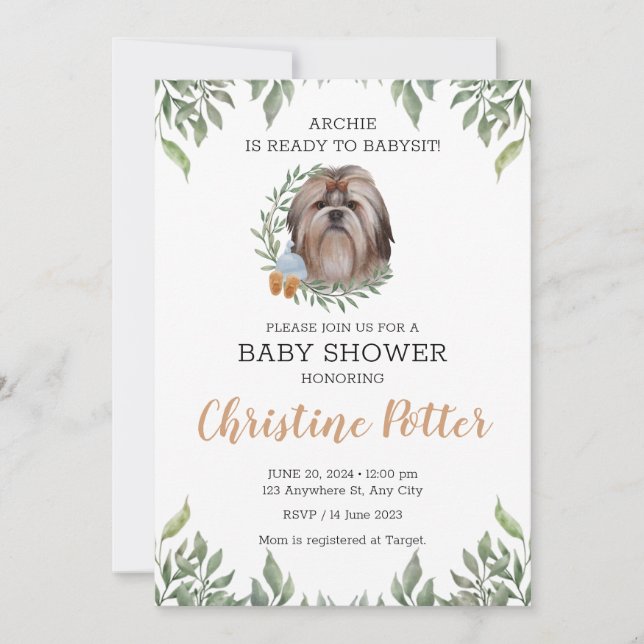 Shih Tzu Hund Puppy Greenery Boho Baby Shower Inbjudningar (Framsida)