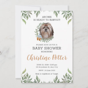 Shih Tzu Hund Puppy Greenery Boho Baby Shower Inbjudningar