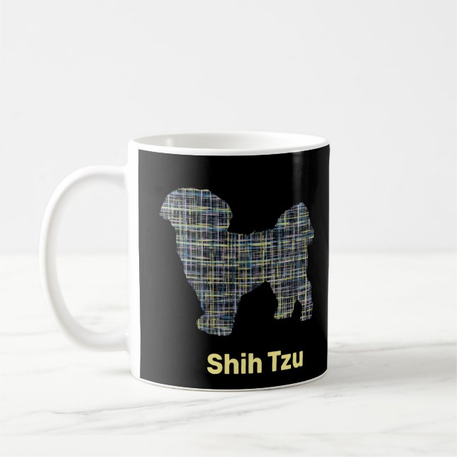 Shih Tzu Hund Silhouette Gult & Black Grid Linjer Kaffemugg (Vänster)