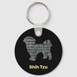 Shih Tzu Hund Silhouette Gult & Black Grid Linjer Nyckelring