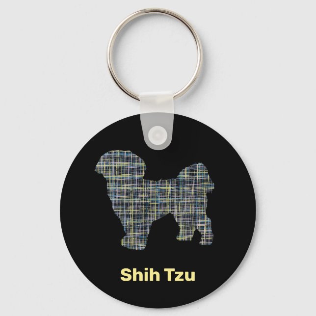 Shih Tzu Hund Silhouette Gult & Black Grid Linjer Nyckelring (Framsida)
