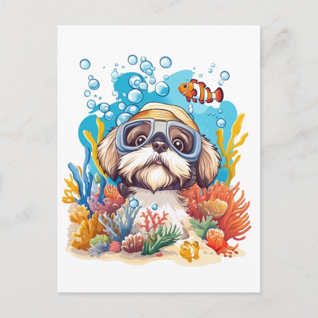 Shih Tzu Hund Snorkeling Coral Reef Vykort (Framsida)
