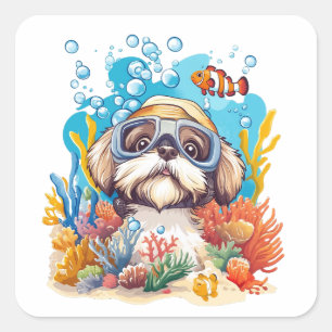 Shih Tzu Hund Snorklar Korallrev Fyrkantigt Klistermärke