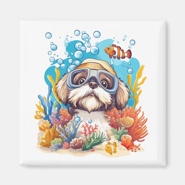 Shih Tzu Hund Snorklar Korallrev Magnet (Framsidan)
