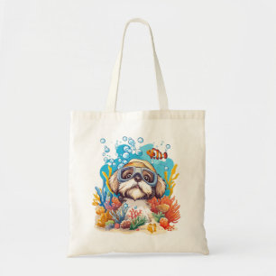 Shih Tzu hund snorklar korallrev Tygkasse