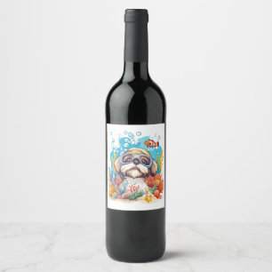 Shih Tzu Hund Snorklar Korallrev Vinflaska Etikett