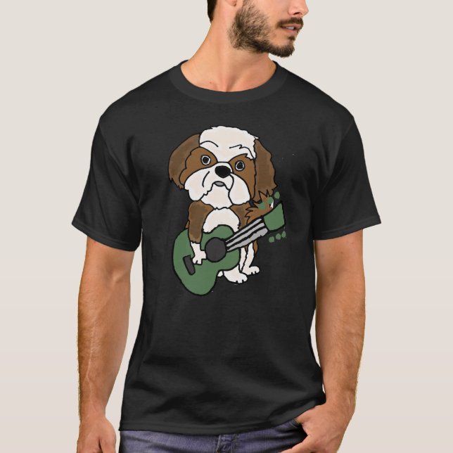 Shih Tzu Hund spelar Guitar T Shirt (Framsida)