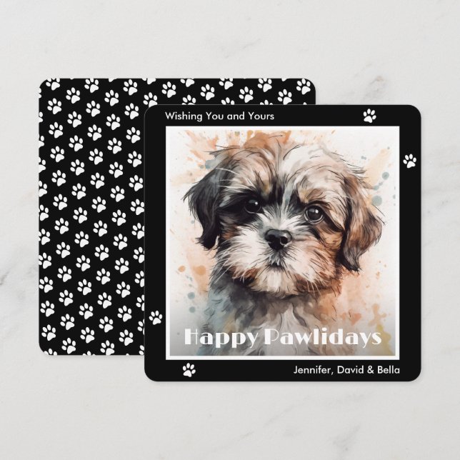 Shih Tzu Hund Svart Akvarell Jul Julkort (Fram/baksida)