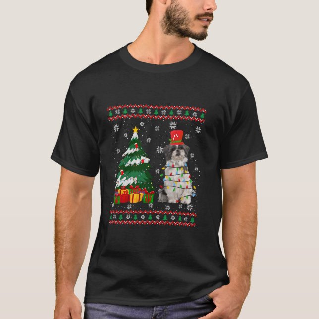 Shih Tzu Hund Ugly Sweater jul Light Julafton Paj T Shirt (Framsida)