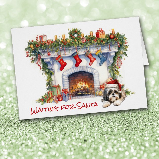 Shih Tzu Hund Vänta på julfireplace Hälsningskort (Skapare uppladdad)