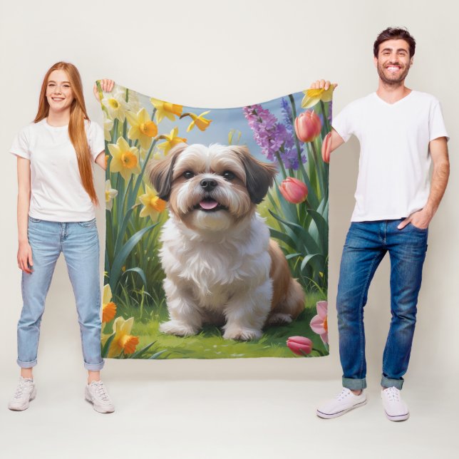 Shih Tzu Hund Vårblommor Målning Fleecefilt (På plats)