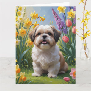 Shih Tzu Hund Vårblommor Målning Kort