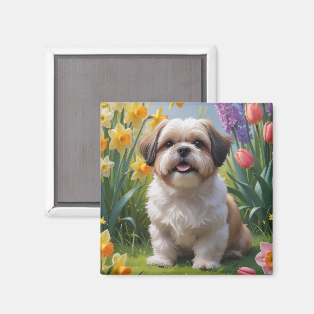 Shih Tzu Hund Vårblommor Målning Magnet (Front/Back)