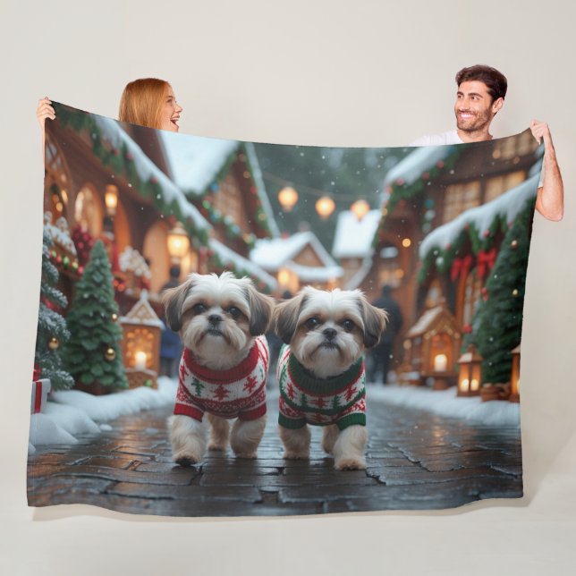 Shih Tzu Hundar Jul Snö Högtid Fleecefilt (På plats)