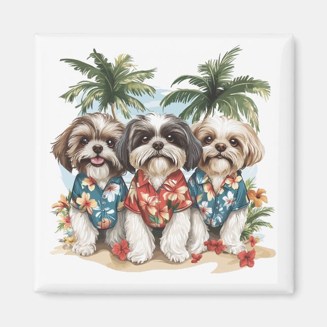 Shih Tzu Hundar Wearing Hawaiian Shirts Magnet (Framsidan)